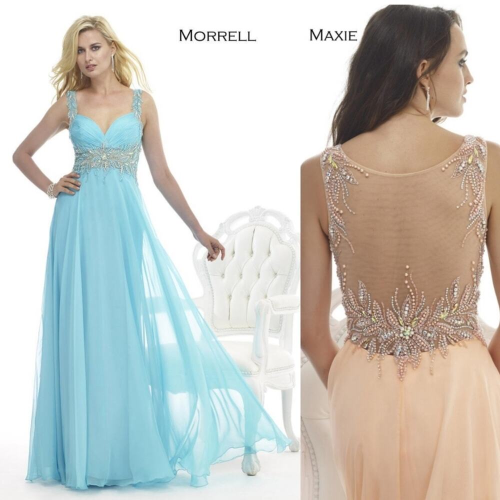 NWT Morrell Maxie Aqua Blue Sheer Back Gown, Style # 14825, Sz 4